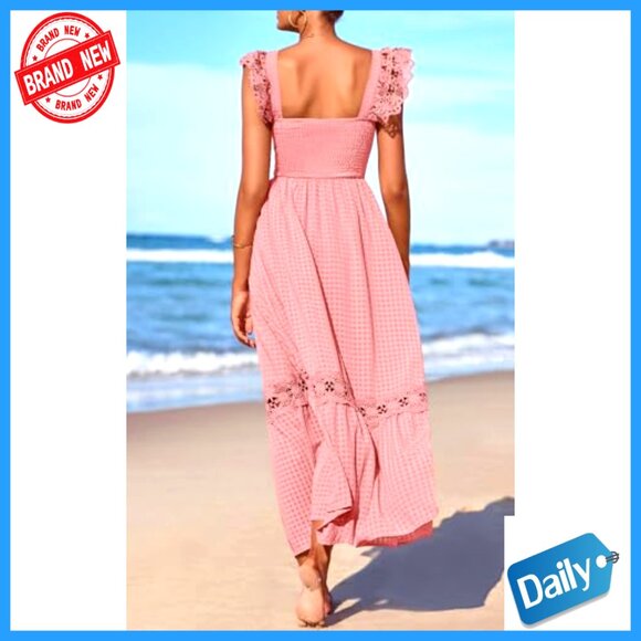 Smocked Maxi Dress with Pockets, Cap Sleeve, Square Neck, Lace Detail - Picture 5 of 7